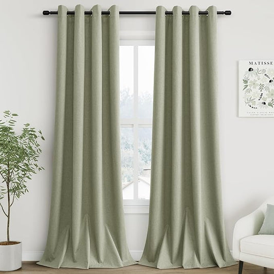Grommet Sage Green Blackout Linen Curtains 96 inches Long for Bedroom Full Light Blocking Thermal Insulated Black Out Curtain Panels 96 Inch Length Energy Saving Room Darkening Curtain White Backing