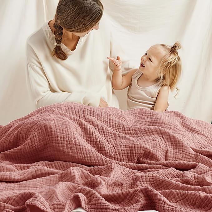 Carriediosa 100% Cotton Muslin Throw Blanket 70" X 80" Twin Size，4-Layers Summer Gauze Throws for Bed Couch，Soft Lightweight Breathable Linen Blankets Bedspread for Adults All Season，Mauve