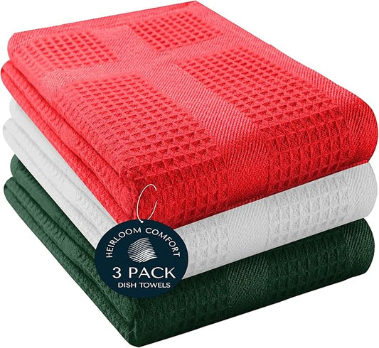 3 Pack Multi Color Waffle Weave Kitchen Towels, 16x26 Inch, 100% Cotton, Super Absorbent, Quick Dry, Hand Towels for Drying Dishes, Cleaning, Durable - Red, White, Forest Green