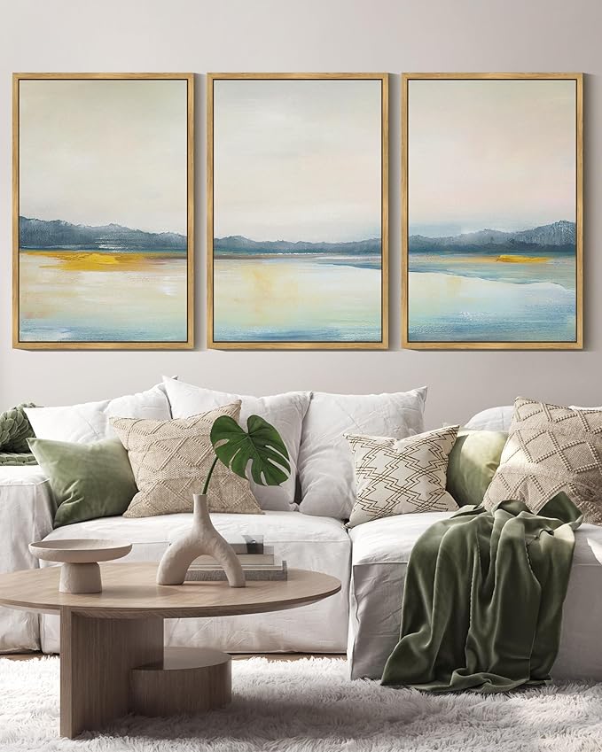 KUVIOKE Abstract Landscape Framed Wall Art Minimalist Neutral Illustrations Modern Art Decorative Nordic Home Decor 16x24in (Natural Framed)