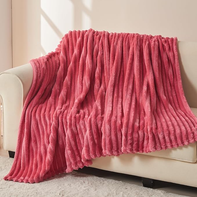 NEWCOSPLAY Super Soft Throw Blanket Coral Pink Premium Silky Flannel Fleece 3D Ribbed Jacquard Lightweight Bed Blanket All Season Use (Coral Pink Ribbed, Throw(50"x60"))