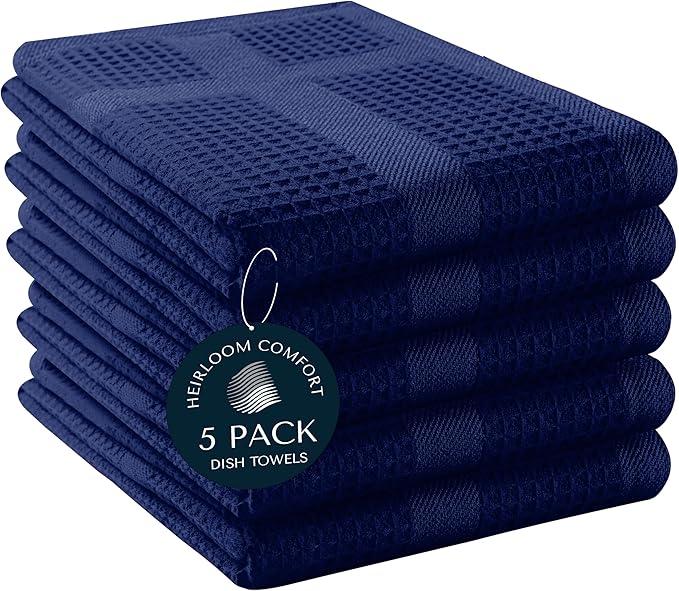 5 Pack Waffle Weave Kitchen Towels, 16x26 Inch, 100% Cotton Dishcloth Set, Super Absorbent, Fast Dry, Teal Towels, Soft Hand Towel, Dish Rags, Cleaning, Durable, Indigo Blue