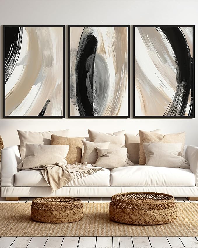 KUVIOKE Modern Abstract Framed Wall Art Black Neutral Minimalist Ink and Wash Graffiti Pastel Wall Decor for Bedroom Living Room 24x36in (Black Framed)