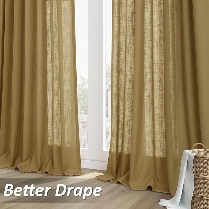 Guken Gold Linen Curtains 108 Inches Long 2 Panel Set Rod Pocket Semi Sheer Dining Room Cozy Bedroom Decor Cotton Look Country Rustic Farmhouse Boho Curtains 52x108
