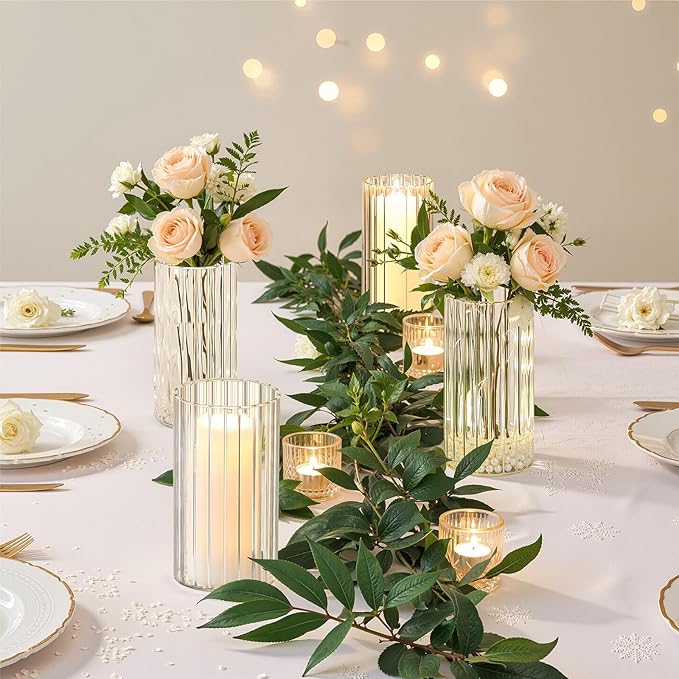 6 Inches Ribbed Glass Vase Set of 12 Packs, Small Vases for Flowers, Glass Cylinder Vases for Centerpieces, Hurricane Candle Holder for Table Shelf Party Wedding Housewarming