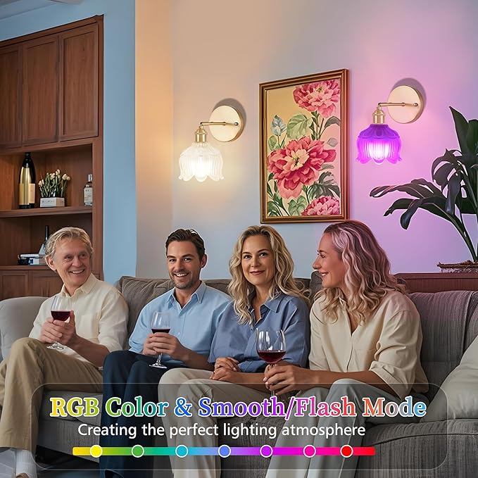 Vintage Battery Operated Wall Sconce with Flower lampshade,Rechargeable Battery Powered Wall Lights,Wall lamp With 15 Colors for Bedroom Living Room Home Decor (Flower White, 2 Light Battery Operated)