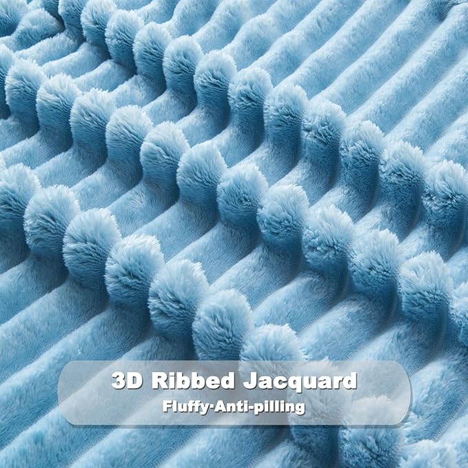 NEWCOSPLAY Super Soft Throw Blanket Blue Premium Silky Flannel Fleece 3D Ribbed Jacquard Lightweight Bed Blanket All Season Use (Blue Ribbed, Throw(50"x60"))