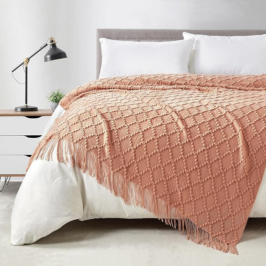BOURINA Orange Throw Blanket 50 x70 Inches Jacquard Argyle Throw Textured Solid Soft Throws and Blankets for Sofa or Bed Knitted Decorative Blanket