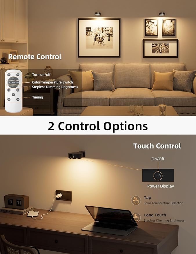 VOLISUN Picture Lights for Wall, 4000mAh Rechargeable Picture Light Battery Operated, 3 Color Temperatures Cordless Picture Light with Remote, Art Light for Painting, Gallery, Portrait, 3 Pack (Black)