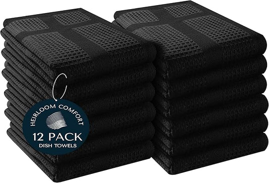 12 Pack Black Waffle Weave Kitchen Towels, 16x26 Inch, 100% Cotton Dishcloth Set, Super Absorbent, Fast Dry, Teal Towels, Soft Hand Towel, Dish Rags, Wash Cloth, Cleaning, Durable