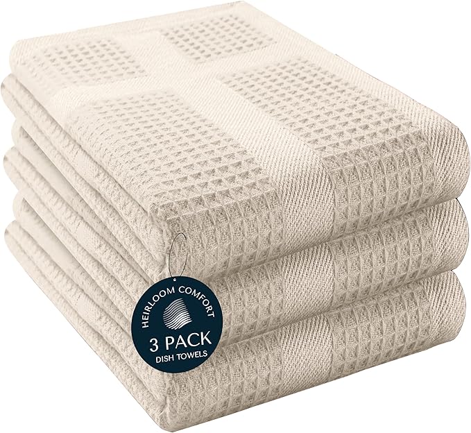 5 Pack Ivory Waffle Weave Kitchen Towels, 16"x26", 100% Cotton, Super Absorbent, Fast Dry, Durable Dishcloth Set for Cleaning, Drying Dishes, Hand Towels, Machine Washable, Cream