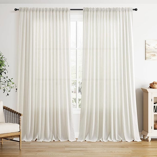 Guken Extra Wide Curtains 102 Inches Long Linen Sheer Curtains Light Filtering Semi Sheer Linen Drapes for Patio Sliding Door with Rod Pocket 100 x 102 Drapes Living Dining Room 2 Panels,Natural