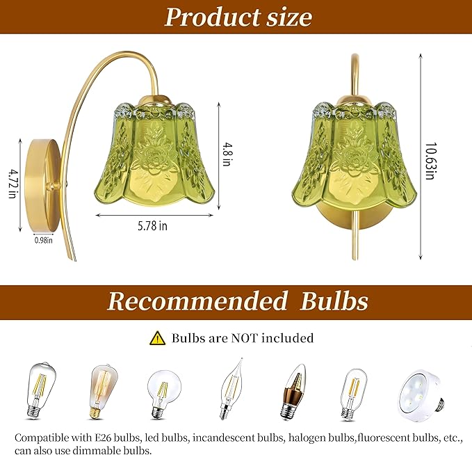 Vintage Battery Operated Wall Sconce with Flower lampshade,Rechargeable Battery Powered Wall Lights,Wall lamp with 15 Colors for Bedroom Living Room Home Decor (Green Rose, 2 Light Battery Operated)