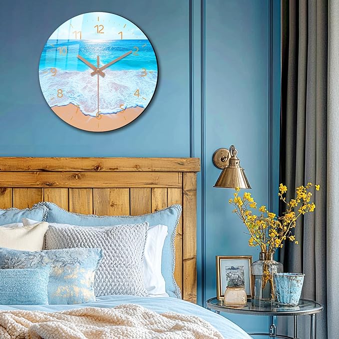 Beach Wall Clock 12 inch Battery Operated Modern Wall-Clock Sea Star Pattern Clocks Analog Wooden Clock Non Ticking for Bedroom, Office Decor