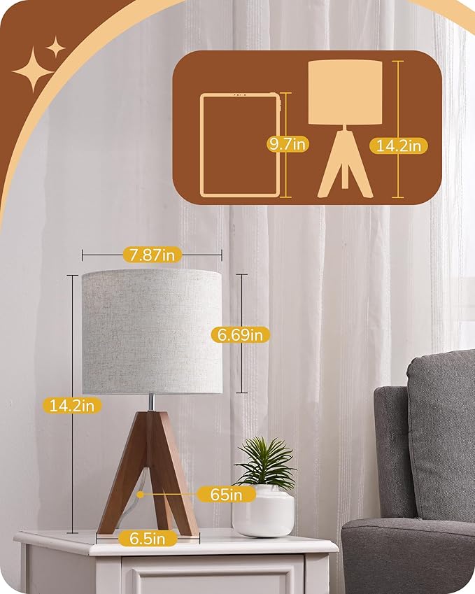 EDISHINE Small Table Lamp, Wooden Tripod Bedside Lamp with Linen Fabric Lampshade, 14.2" Nightstand Lamp for Bedroom, Living Room, Office, 2 Pack