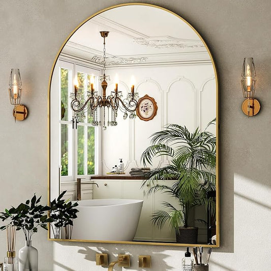 HARRITPURE Arched Wall Mirror – 30"x40" Arch Bathroom Mirror Metal Frame Vanity Mirror for Bedroom, Entryway Dresser Decor, Gold