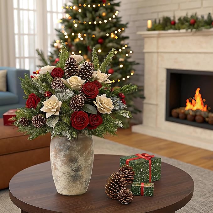 Ceramic Rustic Vase, 8.2 Inch Farmhouse Flower Vase, Christmas Decorative Vintage Vase Boho Decor for Home Decor, Living Room, Entryway, Holiday Wedding New Year Gifts