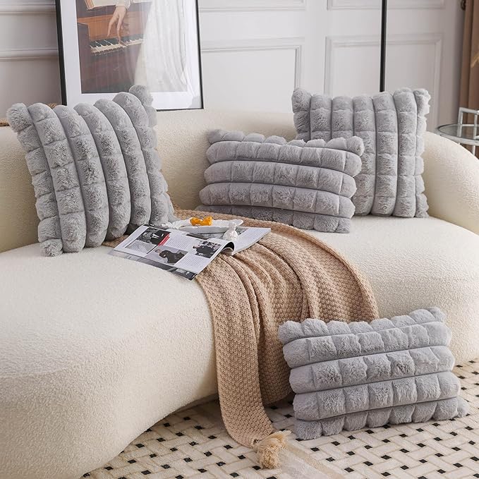 Neelvin Grey Faux Fur Cozy Soft Plaid Decorative Throw Pillow Covers 24x24 inch Set of 2,Velvet Pillowcase Cushion Case for Sofa Couch