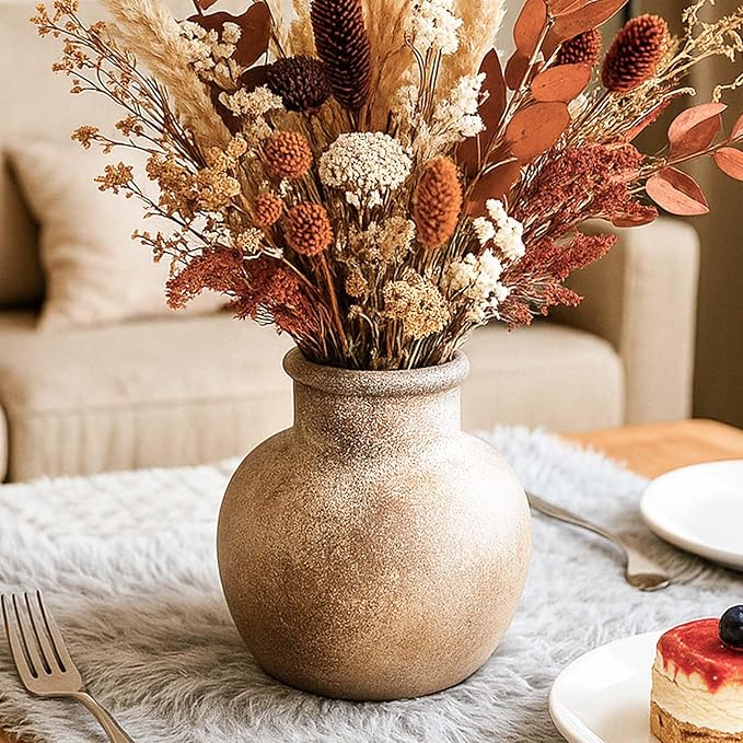 Ceramic Rustic Farmhouse Vase | 6 Inch Pottery Decorative Flower for Home Decor | Boho Vase | Terracotta for Table, Living Room, Bathroom Decoration, Shelf Decor, Mantel, Terra