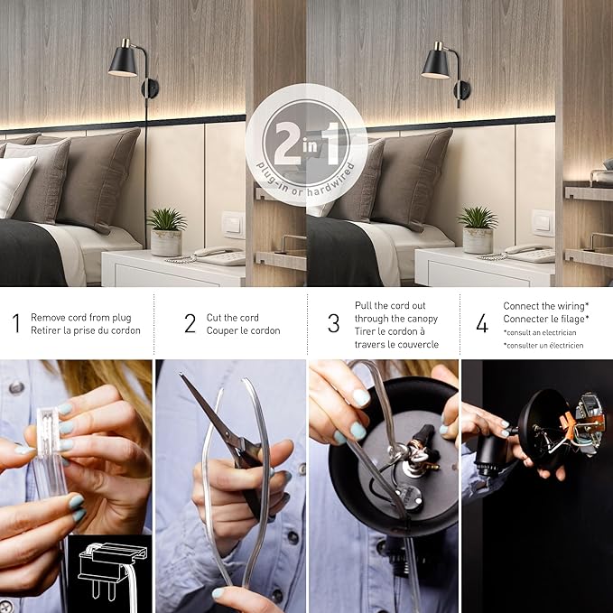 GLOBE Electric 51374 Cleo 1-Light Plug-in or Hardwire Wall Sconce, Matte, Antique Brass Accents, Black Cloth Cord, 14.44