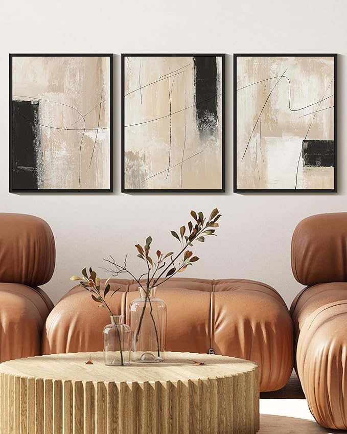 KUVIOKE Abstract Framed Wall Art Minimalist Beige Pastel Watercolor Neutral Wall Decor Modern Black Line Art Painting Home Decor 11x14in (Black Framed)