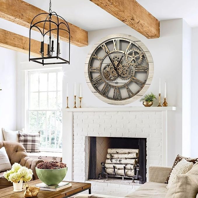 ImprovingLife The Gears Clock The Original Real Moving Gear Wall Clock Vintage Industrial Oversized Rustic Farmhouse (24 inch (60cm),White Farmhouse)