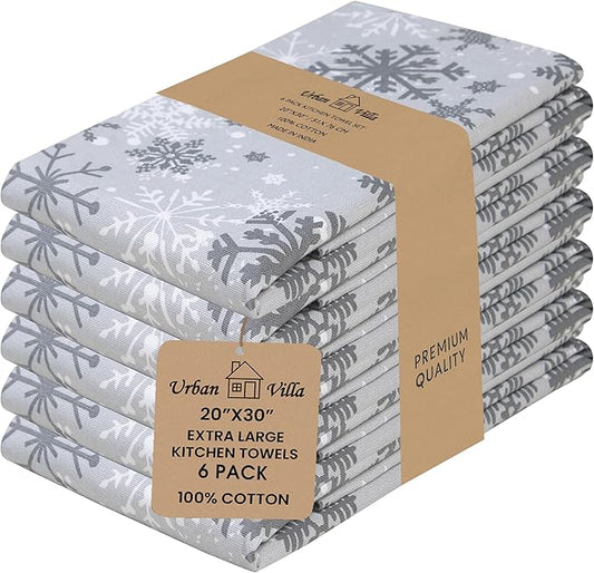 Urban Villa Christmas Kitchen Towels Grey Snowflake Print Premium Quality 100% Cotton Dish Towels Mitered Corners Over Sized 20X30 Inches Set of 6 Highly Absorbent Kitchen Towels with Hanging Loop