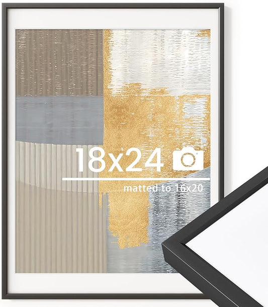 18x24 inch Metal Poster Frame - 18 x 24 Thin Aluminum Picture Frames Matted for 16x20 Photos, Artworks, Prints, Puzzle - High Definition Plexiglass - Vertical and Horizontal Display - Wall Hook Hanging Hardware Included - Black, Set of 1