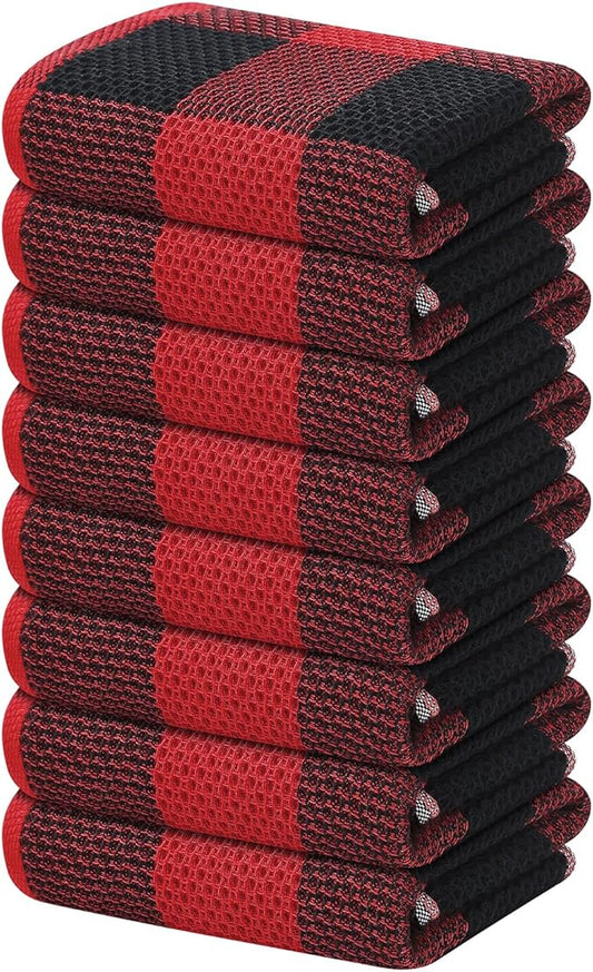Homaxy 100% Cotton Waffle Weave Check Plaid Kitchen Towels, 13 x 28 Inches, Super Soft and Absorbent Dish Towels for Drying Dishes, 8-Pack, Black & Red