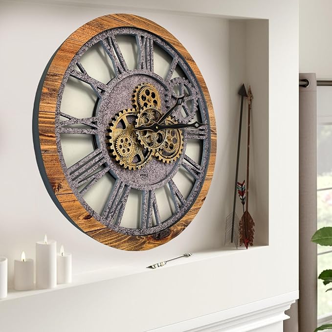 ImprovingLife The Gears Clock The Original Real Moving Gear Wall Clock Vintage Industrial Oversized Rustic Farmhouse (24 inch (60cm),Wood&Stone)