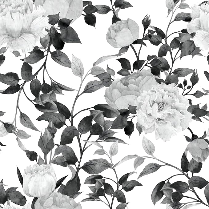 Floral Wallpaper Peel and Stick Black and White Wallpaper Self Adhesive Removable Vinyl Flower Contact Paper for Decorative Bedroom Home Wall (17.7"x118.1")