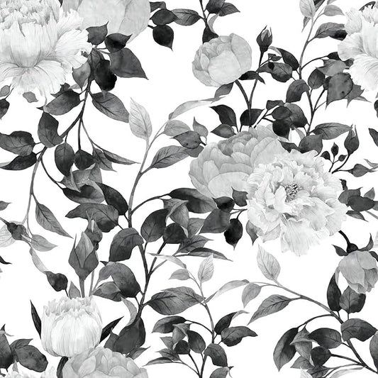 Floral Wallpaper Peel and Stick Black and White Wallpaper Self Adhesive Removable Vinyl Flower Contact Paper for Decorative Bedroom Home Wall (17.7"x118.1")