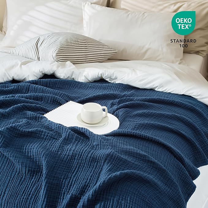 Carriediosa 100% Cotton Muslin Throw Blanket 90" X 90" Queen Size，4-Layers Summer Gauze Throws for Bed Couch，Soft Lightweight Breathable Linen Blankets Bedspread for Adults All Season，Navy Blue