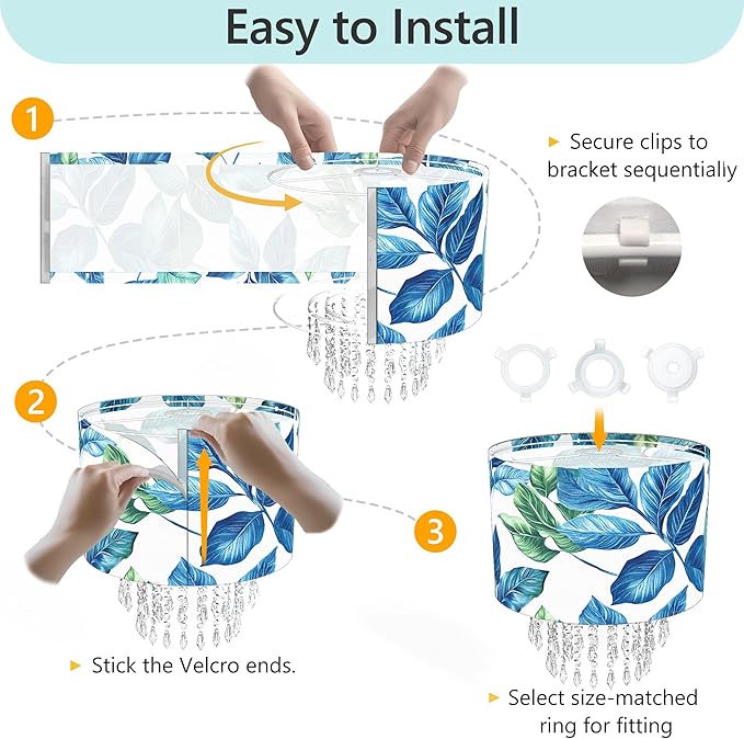 Star Vision Botanical Fabric Lampshade - Tropical Leaf Design with Crystal Bead Droplets, Blue Green Drum Shade for Pendant Table Wall & Floor Lamps, Nature-Inspired Home Decor