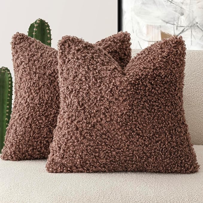 Foindtower 2 Pieces 20x20 Inch Red Brown, Faux Fur Throw Pillow Cover Accent Sherpa Furry Pillow Covers Fuzzy Soft Pillowcases Cozy Sheepskin Decorative Fleece Cushion Case for Bed Couch Living Room