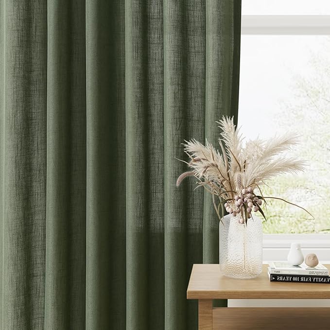 Guken Olive Green Linen Curtains 90 Inch Length for Living Room Bedroom 2 Panels Set Rod Pocket Light Filtering Semi Sheer Window Curtains 52 Inch Width Boho Farmhouse Linen Drapes, W52xL90