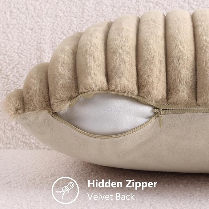 decorUhome Fall Faux Fur Throw Pillow Covers 12x20 Set of 2, Decorative Soft Plush Striped Neutral Couch Euro Pillow Covers with Velvet Back for Sofa, Bed, Living Room Home Decor, Light Khaki Brown