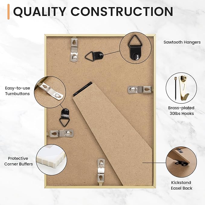 5x7 inch Metal Picture Frame - 5 x 7 Thin Aluminum Photo Frames with 4x6 Removable Mat - High Definition Plexiglass - Ideal for Wall or Tabletop Display - Gold, Set of 4