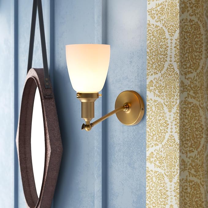 PERMO Industrial Vintage Slope Pole Wall Mount Single Sconce with 5.5" Oval Dome Milk White Glass Shade Wall Sconce Light Lamp Fixture (Antique)