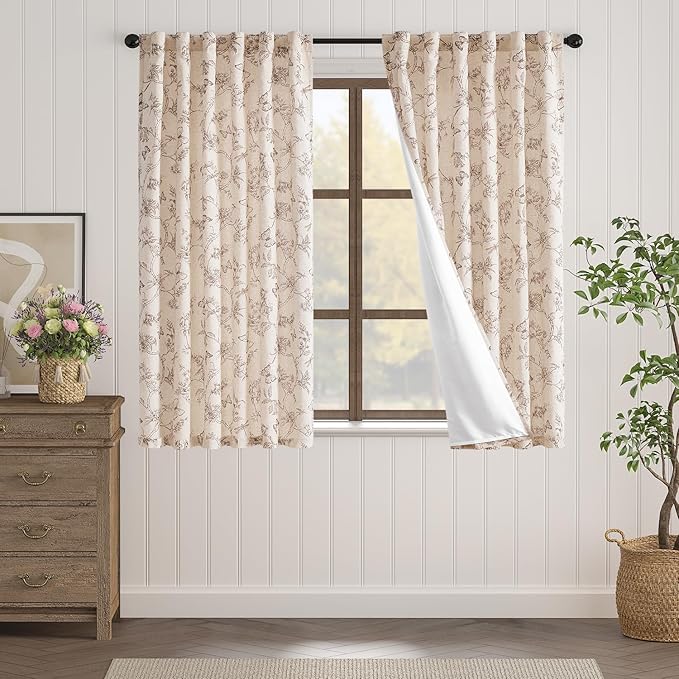 Lazzzy Lined Linen Farmhouse Taupe Floral Curtains 63 Inch Length Back Tab Drapes for Living Room Bedroom Light Filtering Country Vintage Rod Pocket, 2 Panels, Taupe on Beige