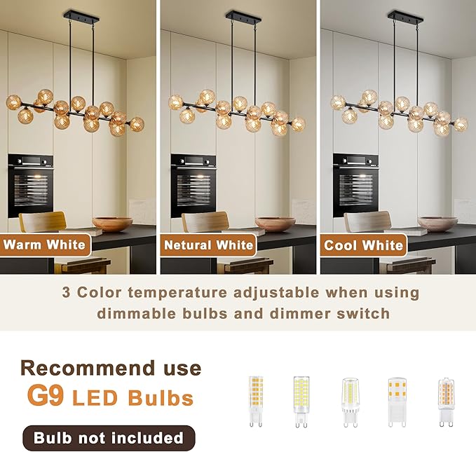 Large Dining Room Light Fixture, 55" Modern Linear Sputnik Chandeliers with Amber Sirled Glass Globe Bubble Farmhouse Chandeliers for Dining Room 16 Lights Island Light for Kitchen