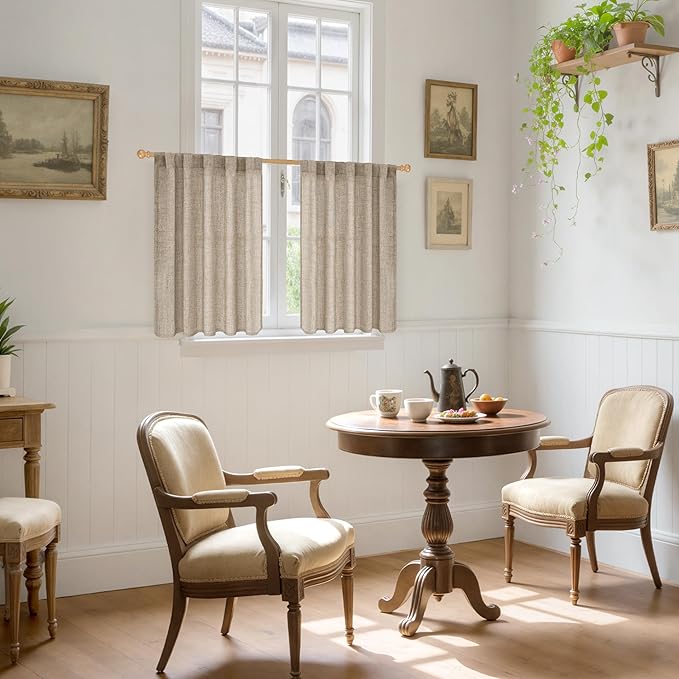 YoungsTex 36 Inch Length Linen Farmhouse Kitchen Window Curtains, Short Cafe Drapes with Rod Pocket Back Tab Burlap Light Filtering for Bathroom Window, Dark Oatmeal, 2 Panels, 42 X 36 Inch