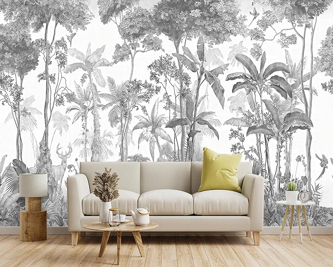-Grey Jungle Botanical Animal Banana Leaf Fabric Wallpaper Living Room Tropical Plant Forest Leaf Wallpaper Bedroom Bathroom Wall Mural- 91"x65"（ not Peel and Stick）