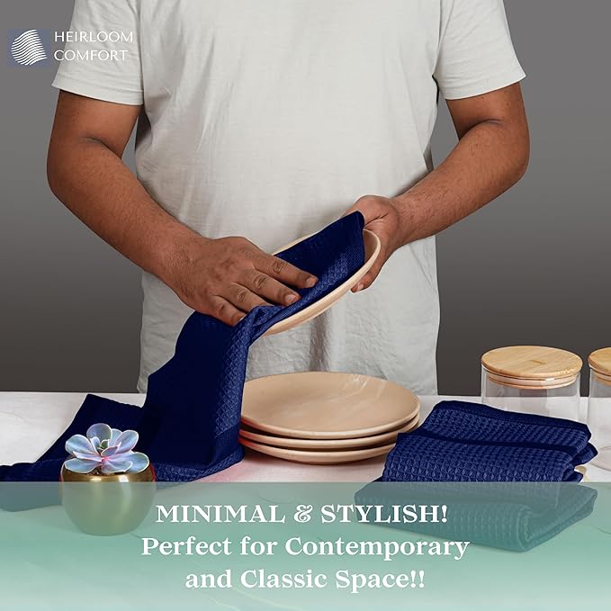 5 Pack Waffle Weave Kitchen Towels, 16x26 Inch, 100% Cotton Dishcloth Set, Super Absorbent, Fast Dry, Teal Towels, Soft Hand Towel, Dish Rags, Cleaning, Durable, Indigo Blue