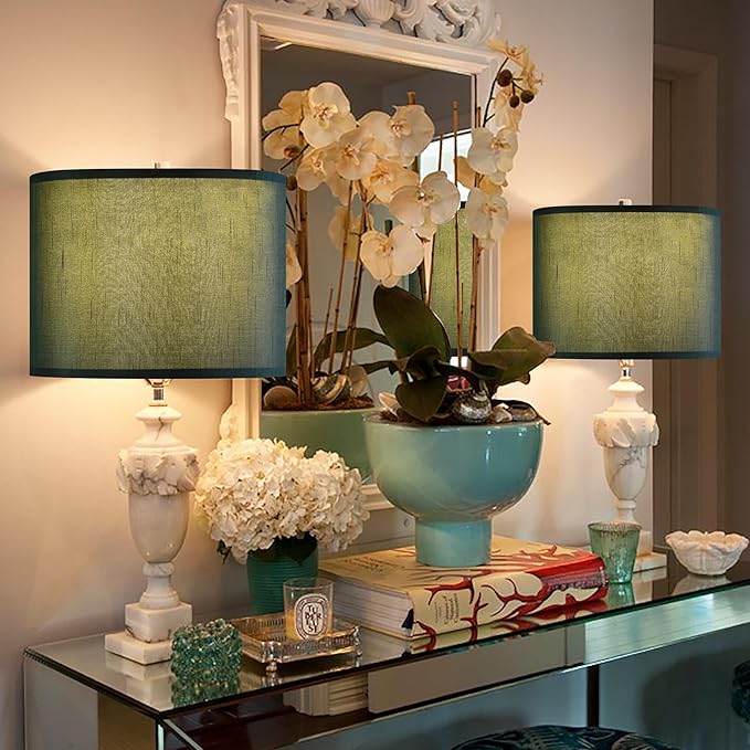 GOSO Set of 2 Medium Green Lamp Shades for Table Lamp Shade Replacement,13" Top ×13" Bottom ×10" Height，Easy Assembly-Spider Lampshades Natural Fabric Decorative-Small Floor Lampshade for Living Room