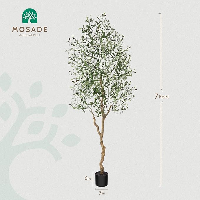 MOSADE Artificial Olive Tree 7 Feet Fake Olive Silk Plant and Handmade Seagrass Basket, Perfect Tall Faux Topiary Silk Tree for Indoor Entryway Modern Decor Home Office Porch Balcony Gift,2Pack