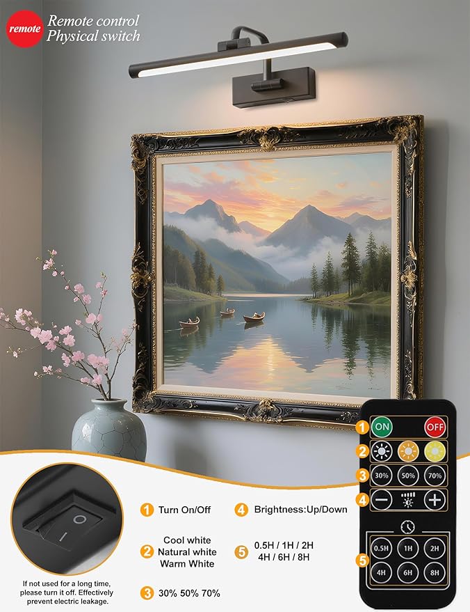 Picture Lights for Wall Battery Operated, Rechargeable Light for Picture with Remote & Timer, Black Art Light for Paintings Wireless Dimmable Cordless Gallery Frame Lights 16 Inch with 3CCT