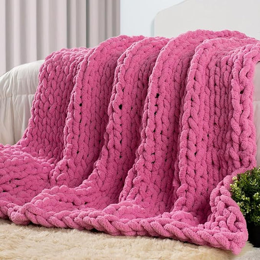 Carriediosa Chunky Knit Throw Blanket 50" X 60", 100% Hand Made Large Chenille Loop Yarn Soft Fluffy Throws for Couch Sofa Bed, Big Crochet Cozy Heavy Thick Cable Woven Blankets, Hot Pink