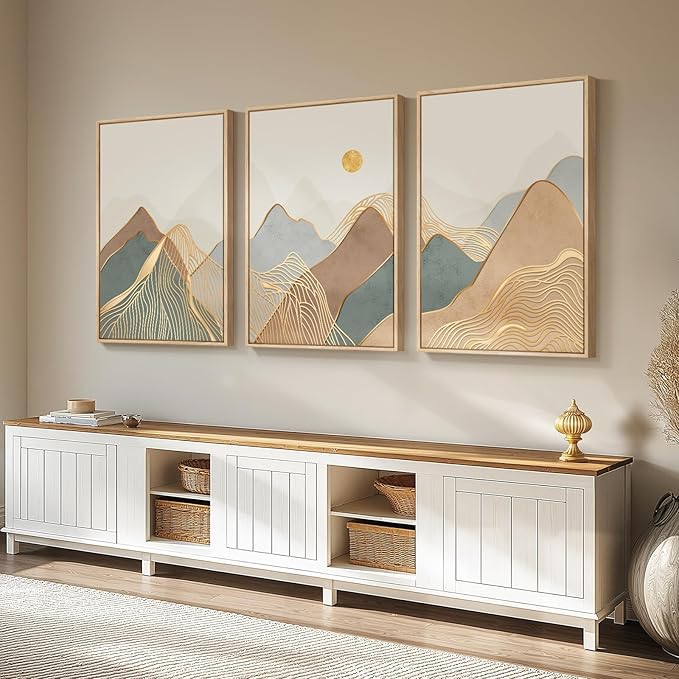 Framed Boho Mountain Wall Art for Living Room, 3 Piece Modern Minimalist Line Canvas Prints Artwork for Walls, Large Sun Nature Landscape Wall Art for Bedroom, Hallway Office Wall Decor, 24x36 Inch