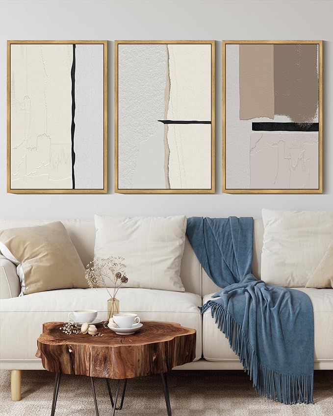 KUVIOKE Neutral Abstract Framed Wall Art Beige Mid Century Textured Wall Decor Minimalist Modern Illustrations Art Print Home Decor 16x24in (Natural Framed)